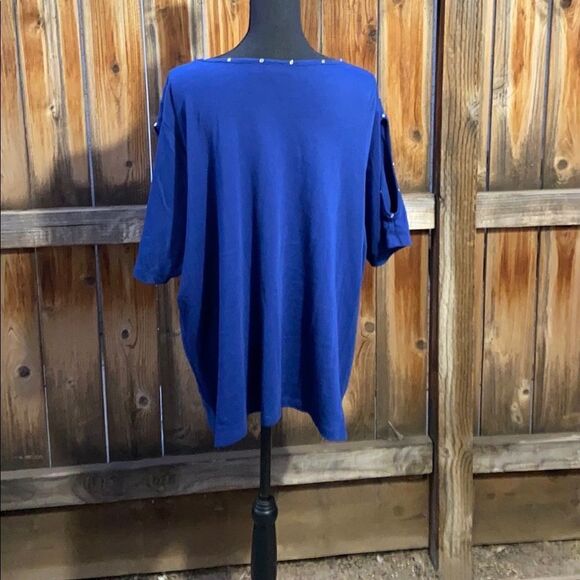 Quaker Factory top cold shoulder blue short sleeve beading plus Sz 3X - Picture 5 of 6